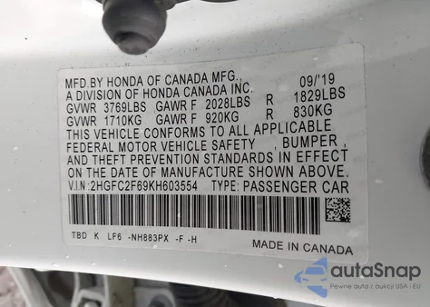 2019 Honda Civic Lx from USA, damaged, VIN 2HGFC2F69KH603554